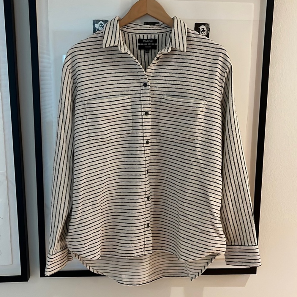 Madewell Black and White Striped Flannel Button Down Shirt